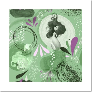 Whimsical Mermaids Green Abstract Pattern Posters and Art